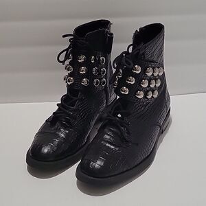 Schutz Croc Embossed Studded Lace Up Boots